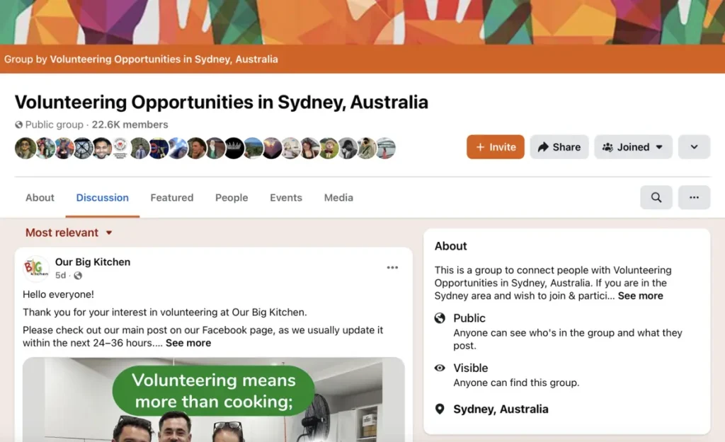Volunteering Opportunities in Sydney Facebook Group